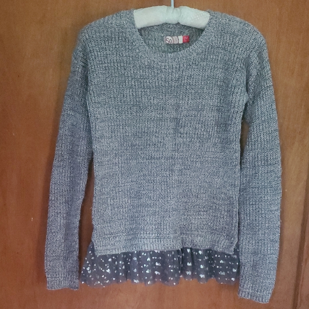 SO Gray Crew Neck Sweater with Sequined Hem